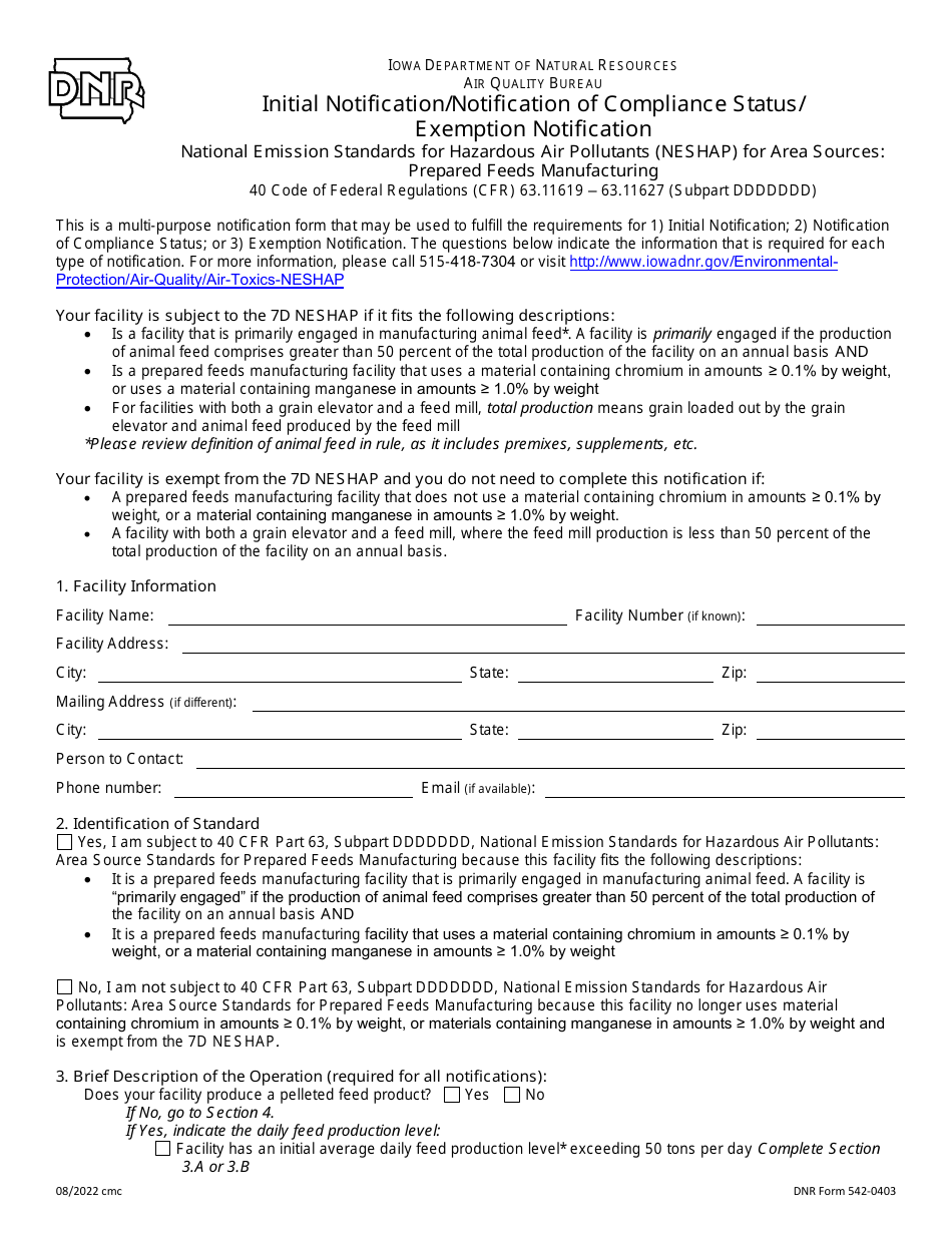 DNR Form 542-0403 Initial Notification / Notification of Compliance Status / Exemption Notification - National Emission Standards for Hazardous Air Pollutants (Neshap) for Area Sources: Prepared Feeds Manufacturing - Iowa, Page 1