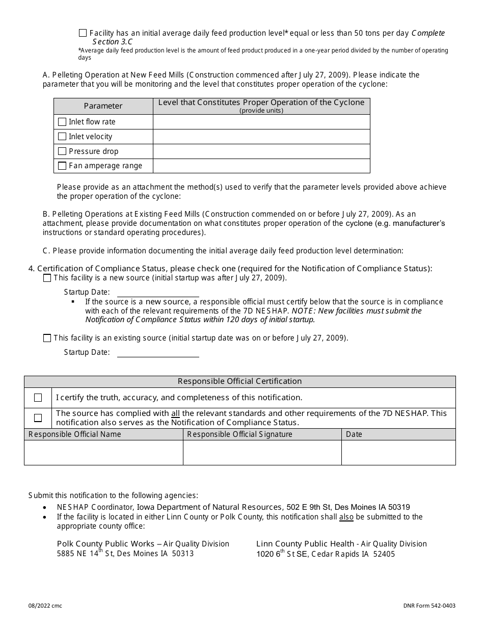 DNR Form 542-0403 Initial Notification / Notification of Compliance Status / Exemption Notification - National Emission Standards for Hazardous Air Pollutants (Neshap) for Area Sources: Prepared Feeds Manufacturing - Iowa, Page 2