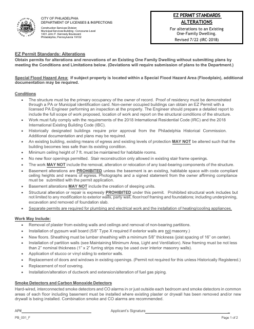 Form PB_001_F Ez Permit Standards - Alterations - City of Philadelphia, Pennsylvania