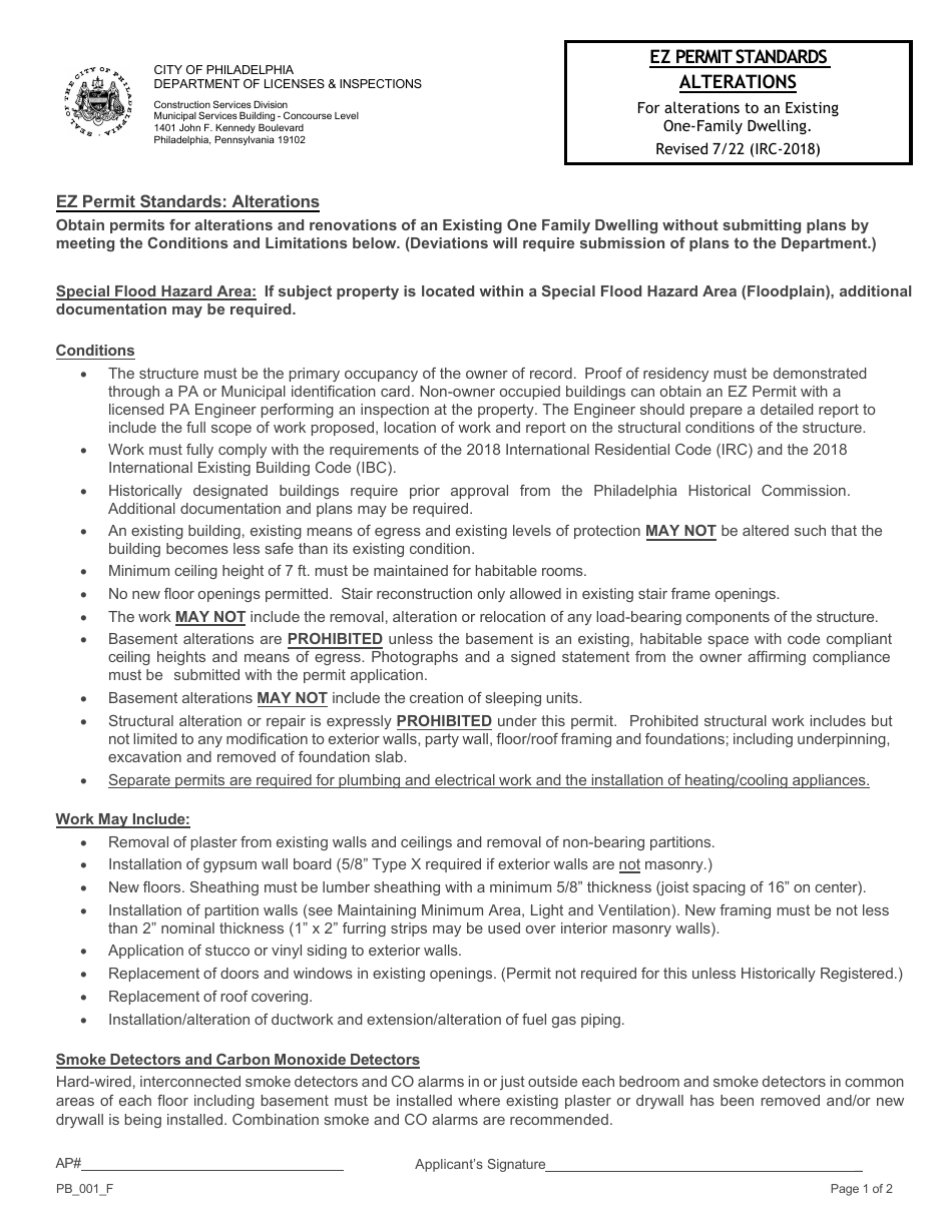 Form PB_001_F Ez Permit Standards - Alterations - City of Philadelphia, Pennsylvania, Page 1