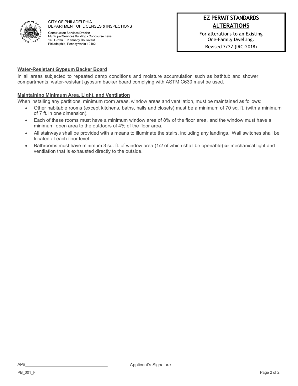 Form PB_001_F Ez Permit Standards - Alterations - City of Philadelphia, Pennsylvania, Page 2