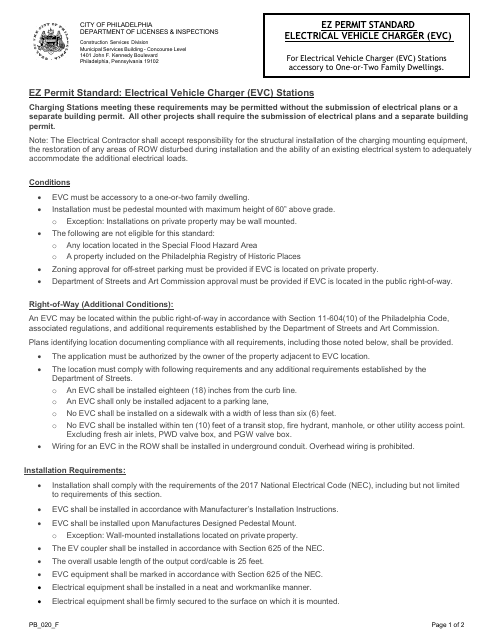 Form PB_020_F Ez Permit Standard - Electrical Vehicle Charger (Evc) - City of Philadelphia, Pennsylvania