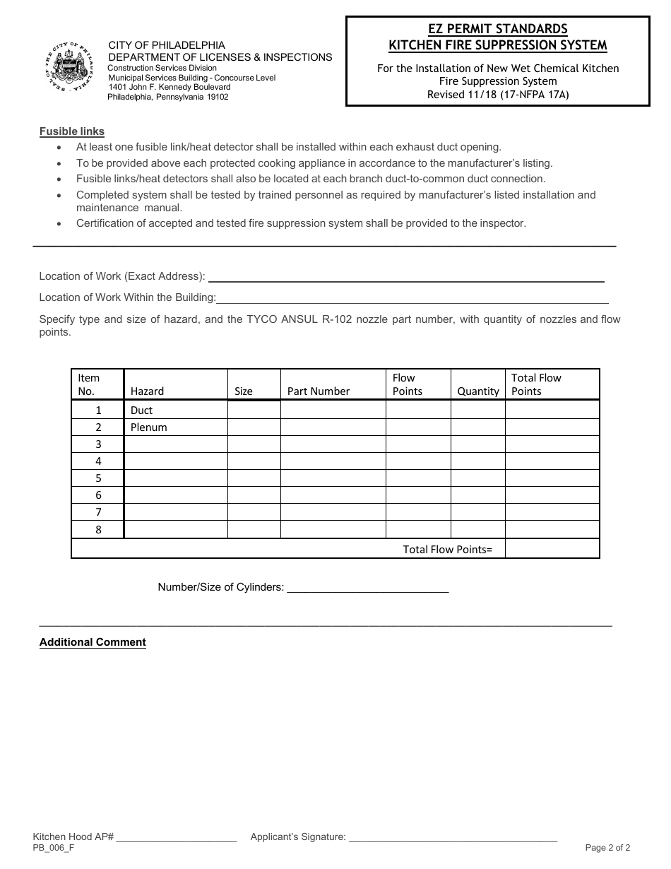 Form PB_006_F Ez Permit Standards - Kitchen Fire Suppression System - City of Philadelphia, Pennsylvania, Page 2