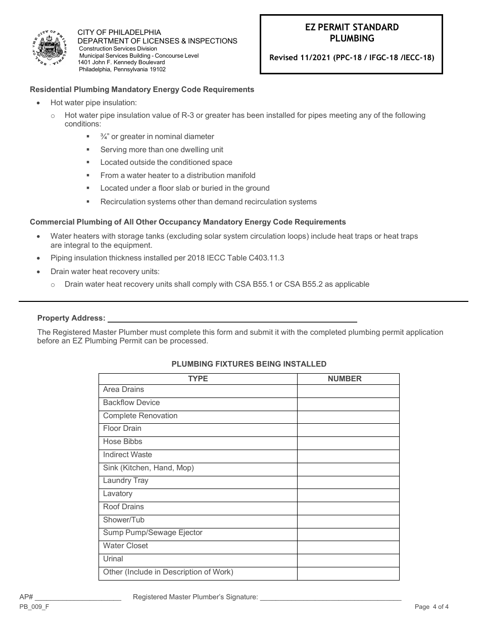 Form PB_009_F Ez Permit Standard - Plumbing - City of Philadelphia, Pennsylvania, Page 4