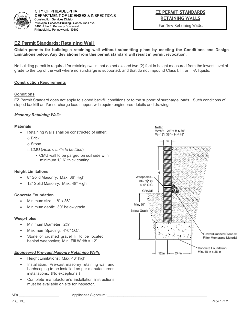 Form PB_013_F Ez Permit Standards - Retaining Walls - City of Philadelphia, Pennsylvania, Page 1