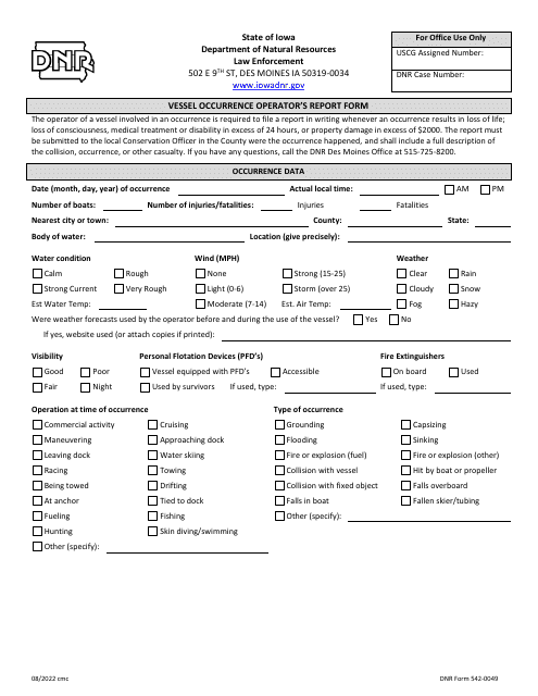 DNR Form 542-0049 Vessel Occurrence Operator's Report Form - Iowa