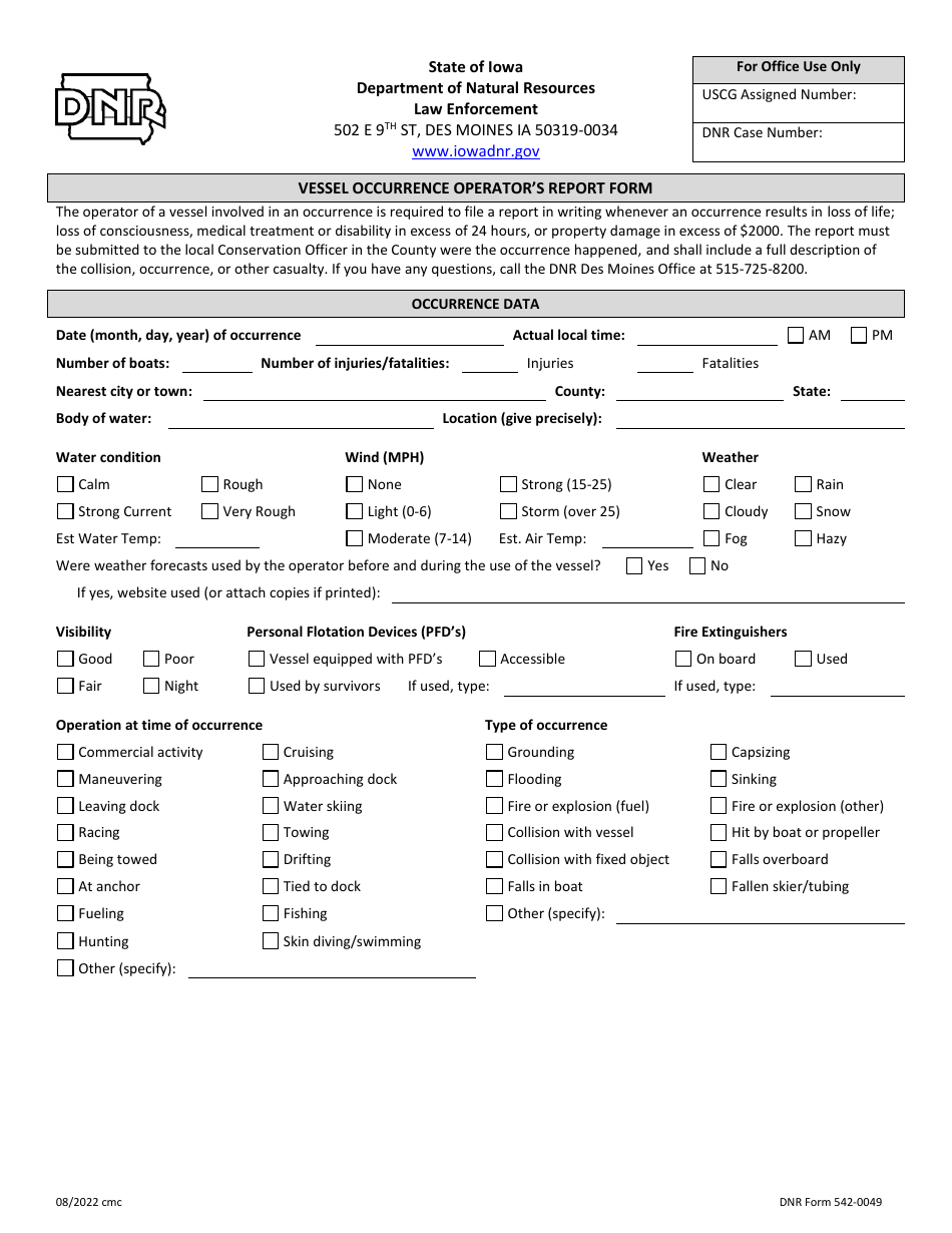DNR Form 542-0049 Vessel Occurrence Operators Report Form - Iowa, Page 1