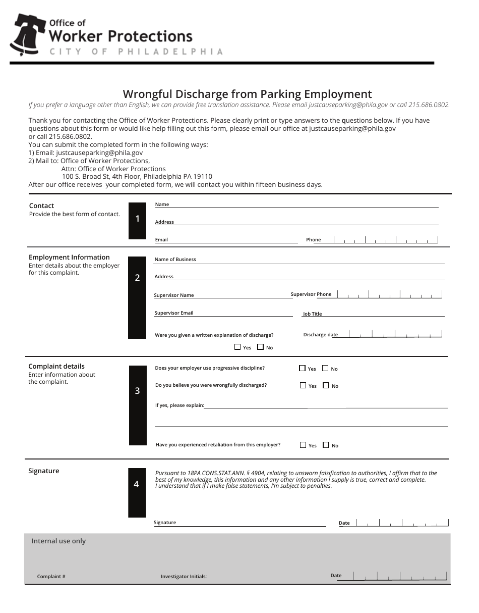Wrongful Discharge From Parking Employment - City of Philadelphia, Pennsylvania, Page 1