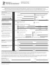 Document preview: Mixed-Income Housing Zoning Bonus Applicant Acknowledgement Form - City of Philadelphia, Pennsylvania