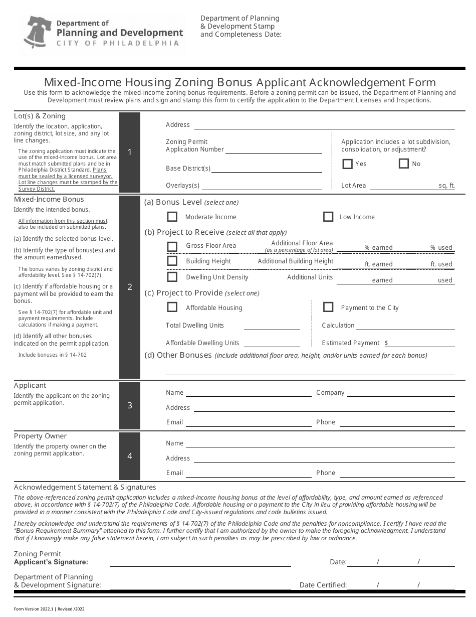 Mixed-Income Housing Zoning Bonus Applicant Acknowledgement Form - City of Philadelphia, Pennsylvania, Page 1