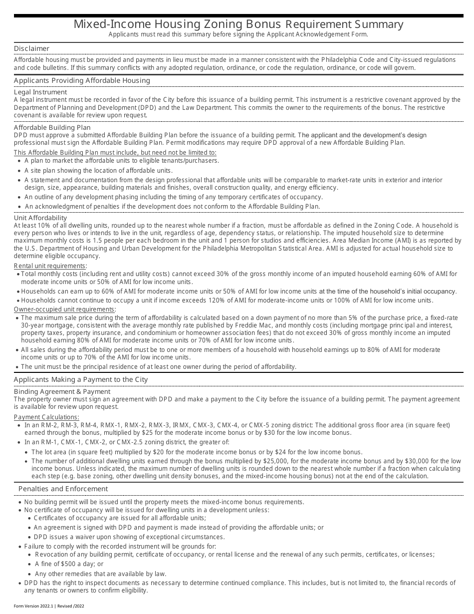 City of Philadelphia, Pennsylvania Housing Zoning Bonus