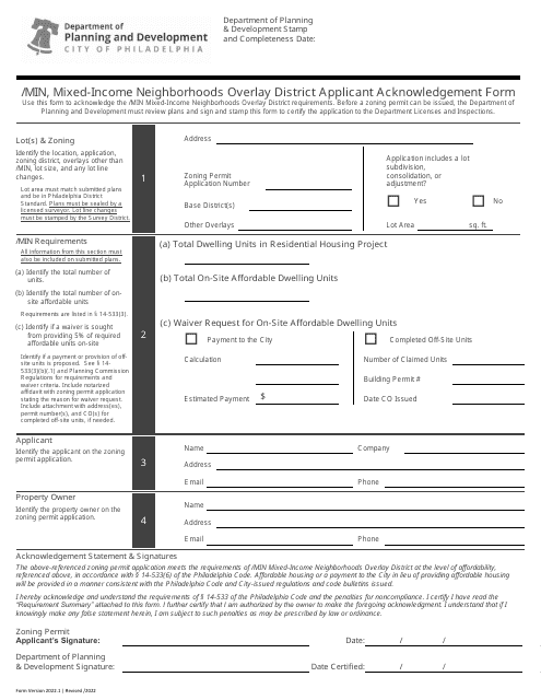 Mixed-Income Neighborhoods Overlay District Applicant Acknowledgement Form - City of Philadelphia, Pennsylvania Download Pdf