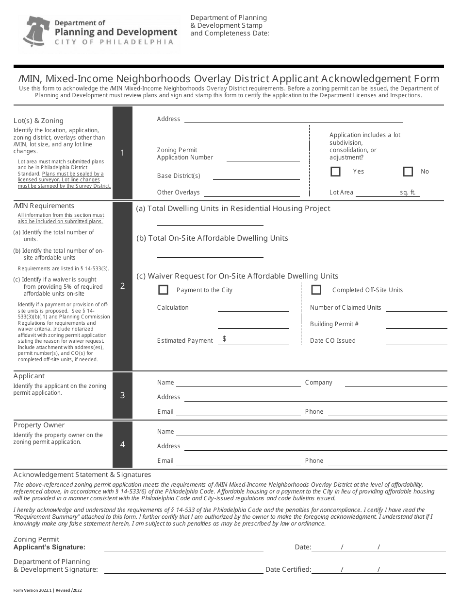 Mixed-Income Neighborhoods Overlay District Applicant Acknowledgement Form - City of Philadelphia, Pennsylvania, Page 1