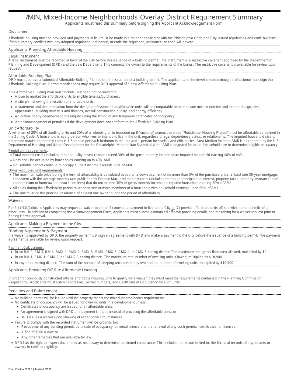 Mixed-Income Neighborhoods Overlay District Applicant Acknowledgement Form - City of Philadelphia, Pennsylvania, Page 2