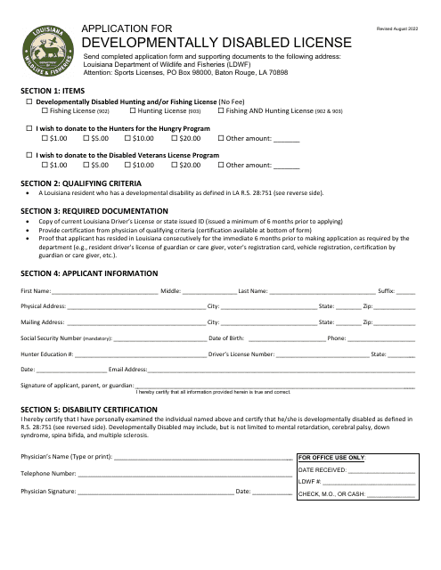 Application for Developmentally Disabled License - Louisiana Download Pdf