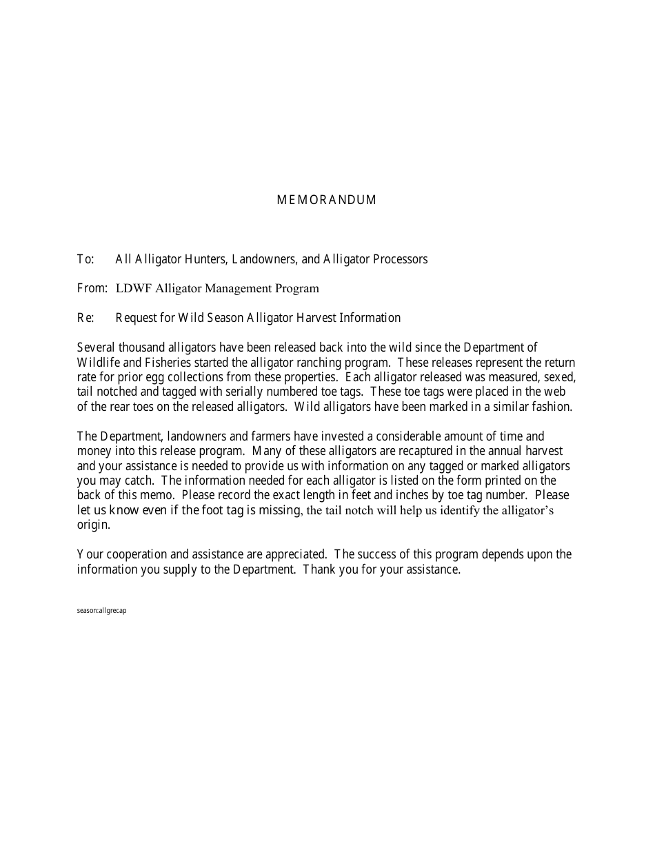 Louisiana Alligator Recapture Information for the Wild Harvest Season