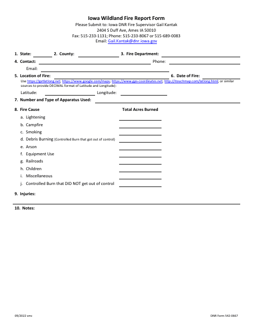 DNR Form 542-0667 Iowa Wildland Fire Report Form - Iowa