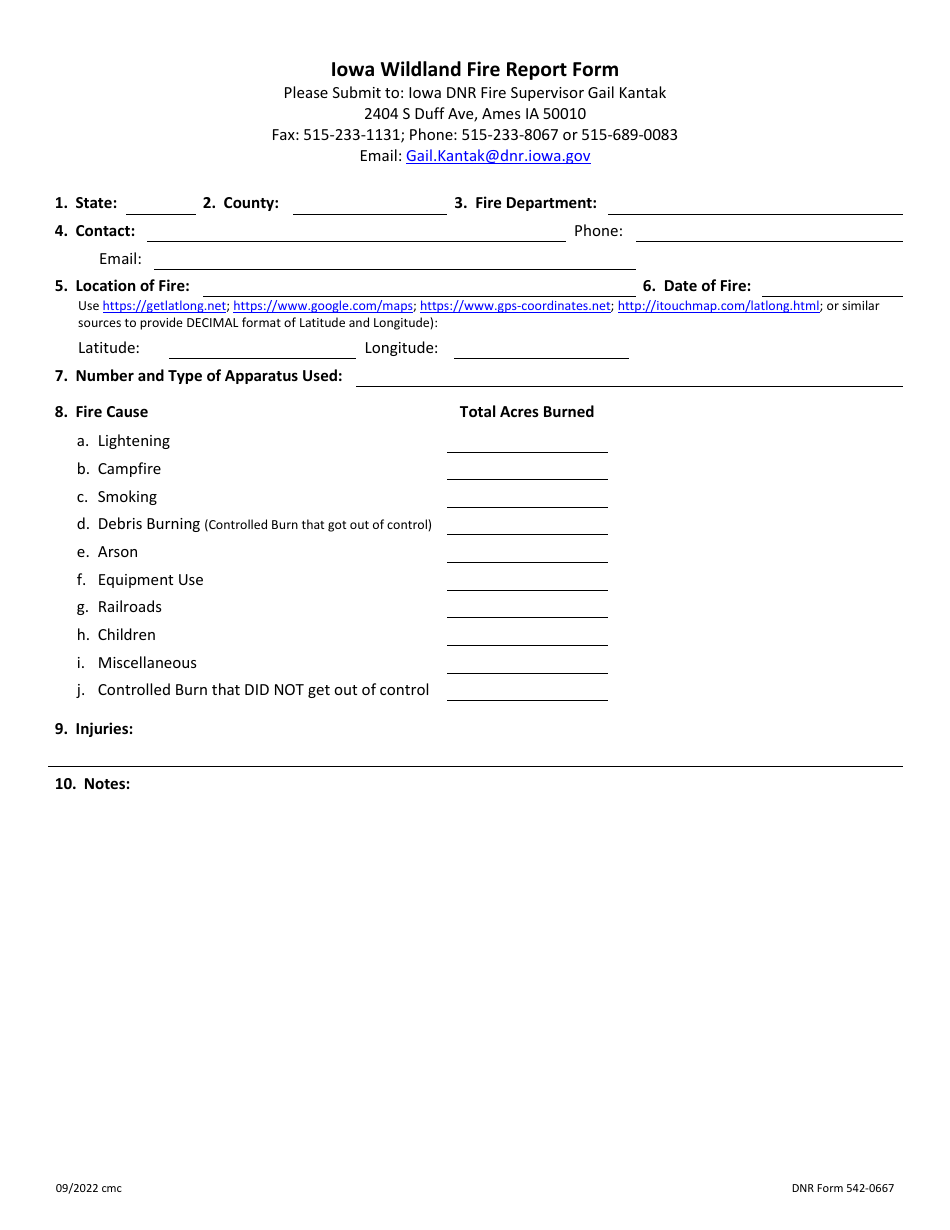 DNR Form 542-0667 Iowa Wildland Fire Report Form - Iowa, Page 1