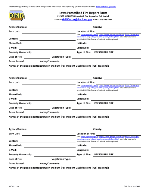 DNR Form 542-0441 Iowa Prescribed Fire Report Form - Iowa