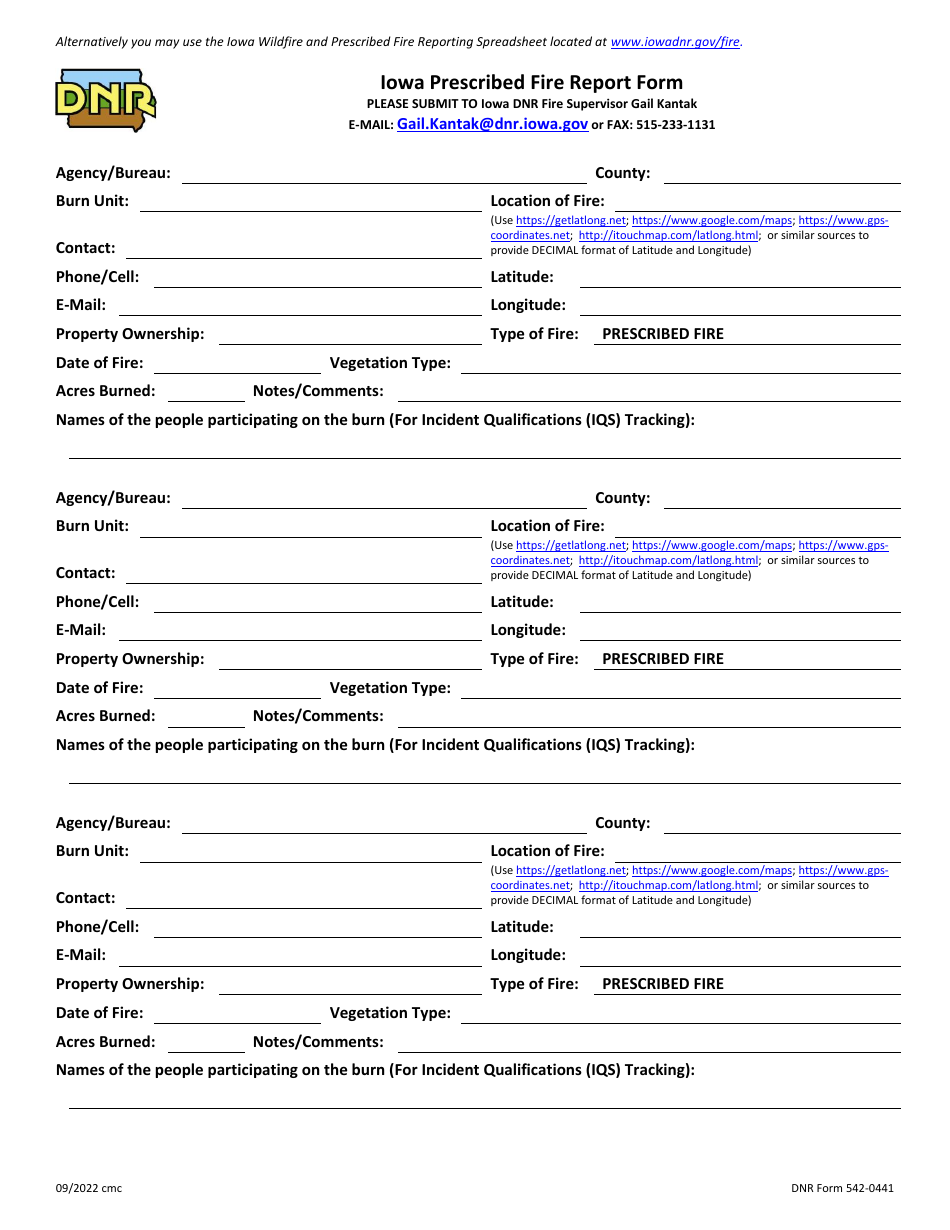 DNR Form 542-0441 Iowa Prescribed Fire Report Form - Iowa, Page 1
