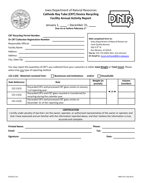 DNR Form 542-8131 Cathode Ray Tube (Crt) Device Recycling Facility Annual Activity Report - Iowa
