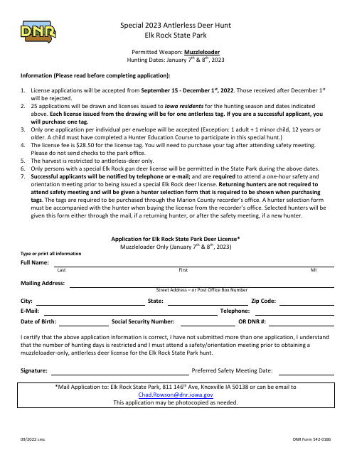 DNR Form 542-0186 Application for Elk Rock State Park Deer License - Iowa, 2023