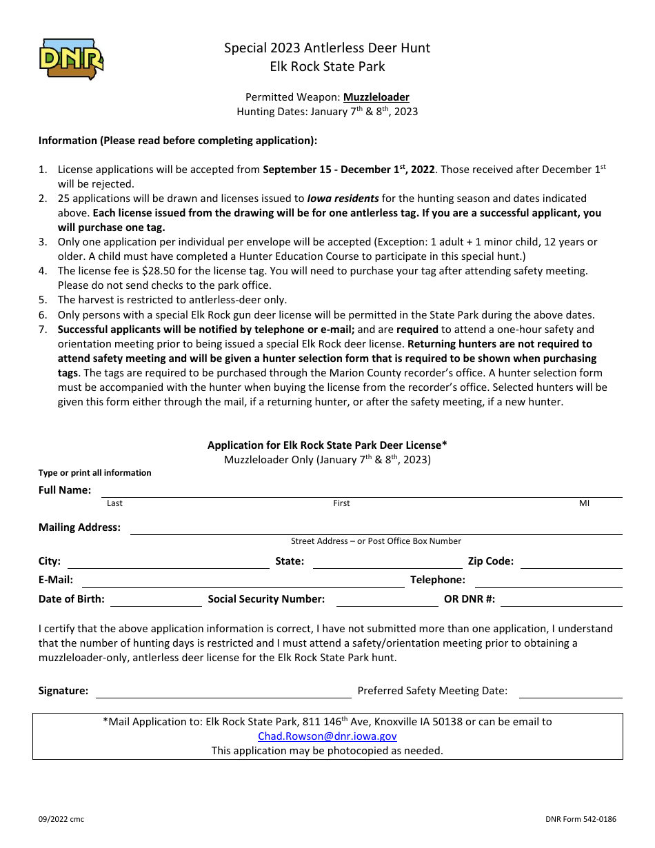 DNR Form 542-0186 Application for Elk Rock State Park Deer License - Iowa, Page 1