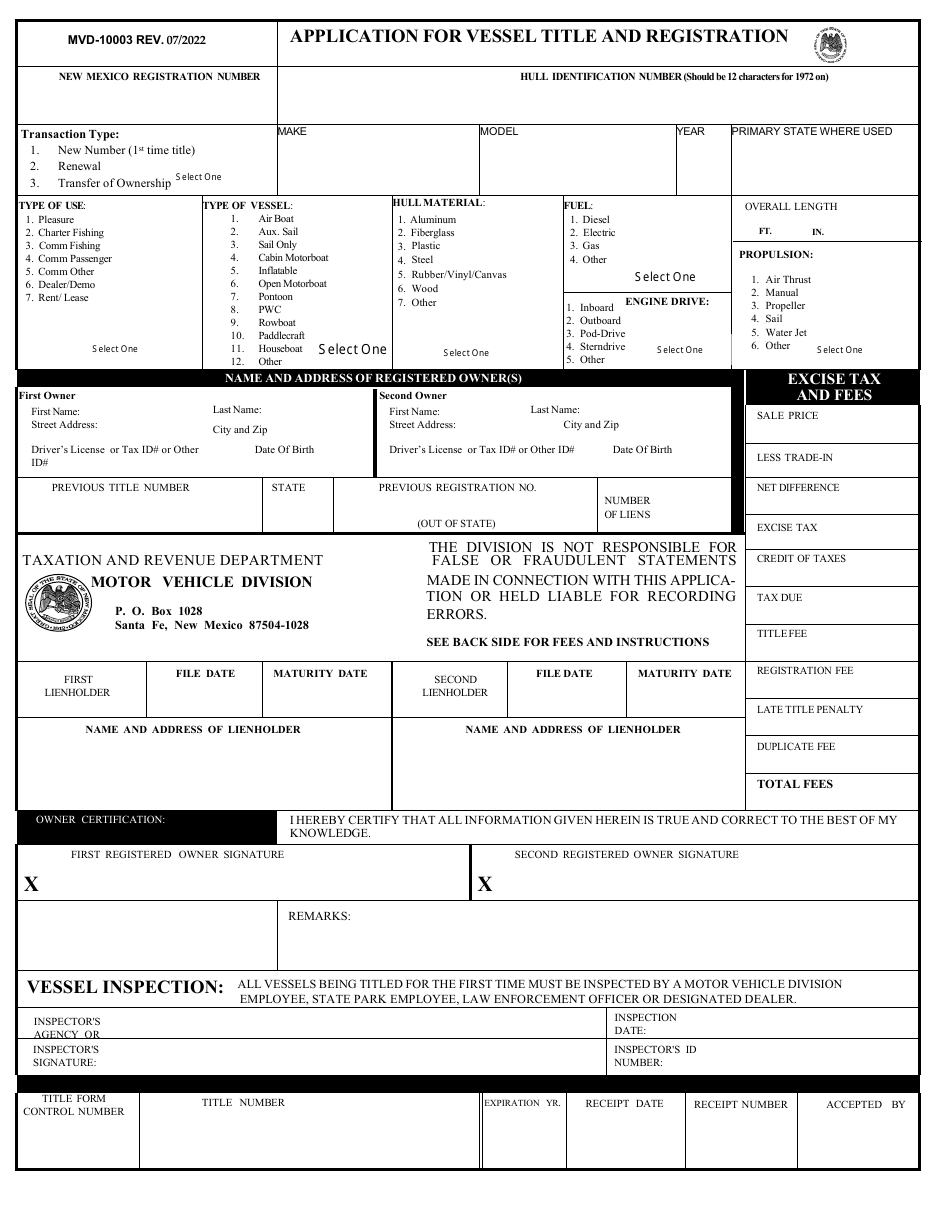 Form MVD-10003 Application for Vessel Title and Registration - New Mexico, Page 1