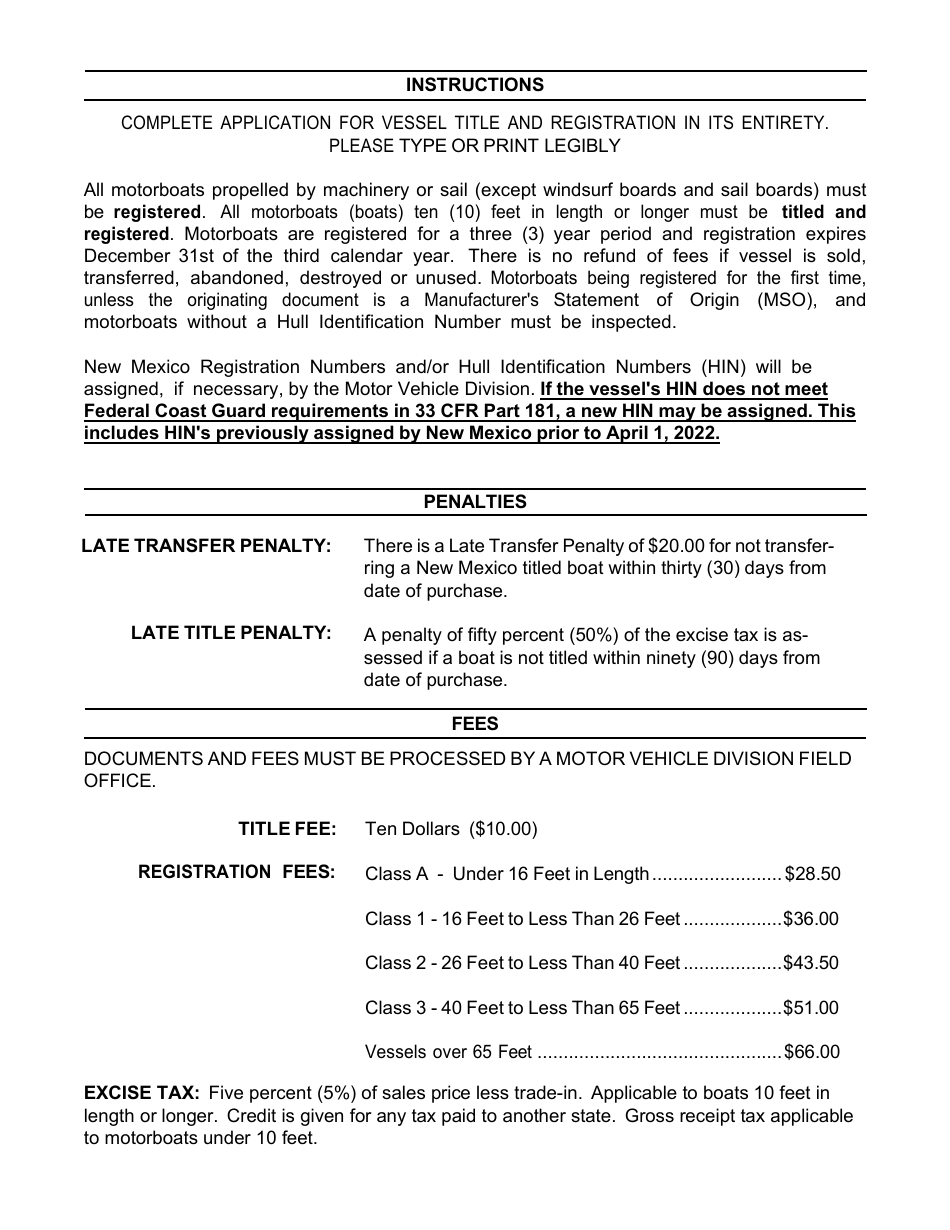 Form MVD-10003 Application for Vessel Title and Registration - New Mexico, Page 2