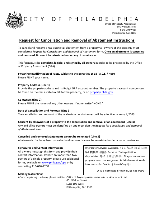 Request for Cancellation and Removal of Abatement Instructions - City of Phiadelphia, Pennsylvania Download Pdf