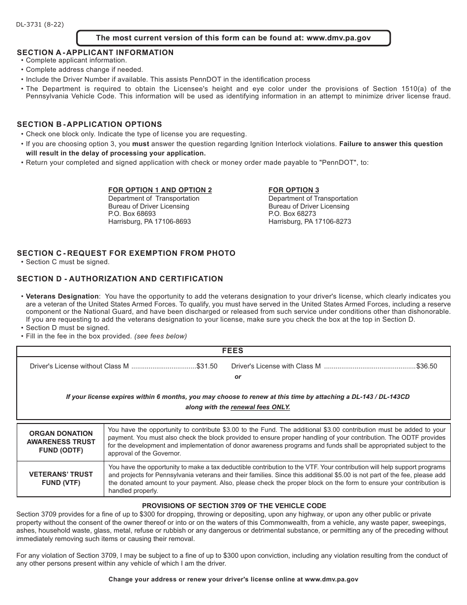 Form DL-3731 Application for Ignition Interlock License / Return of Regular Driver License - Pennsylvania, Page 2