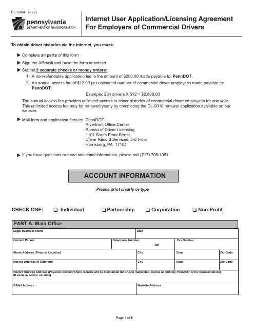 Form DL-9004 Internet User Application/Licensing Agreement for Employers of Commercial Drivers - Pennsylvania