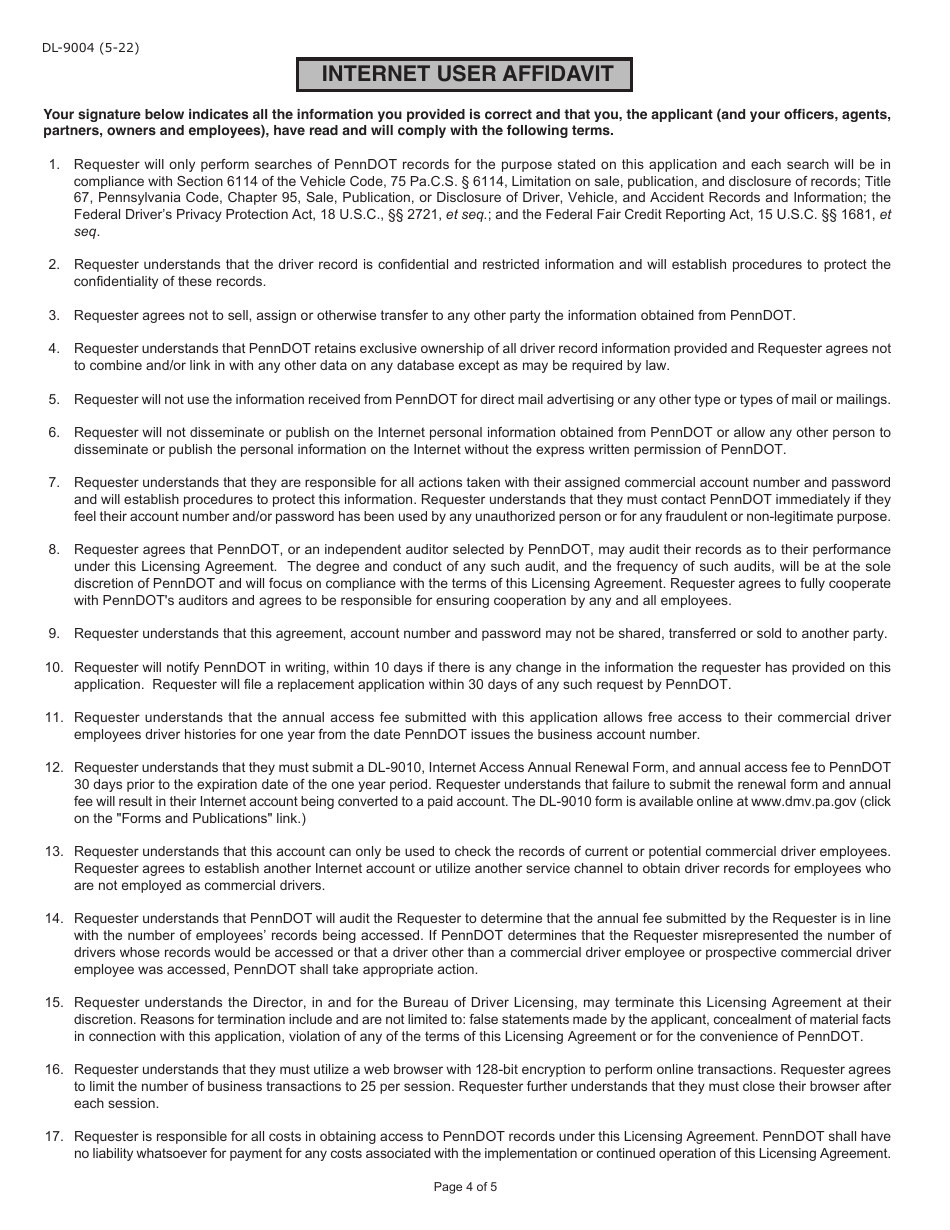 Form DL-9004 Internet User Application / Licensing Agreement for Employers of Commercial Drivers - Pennsylvania, Page 4