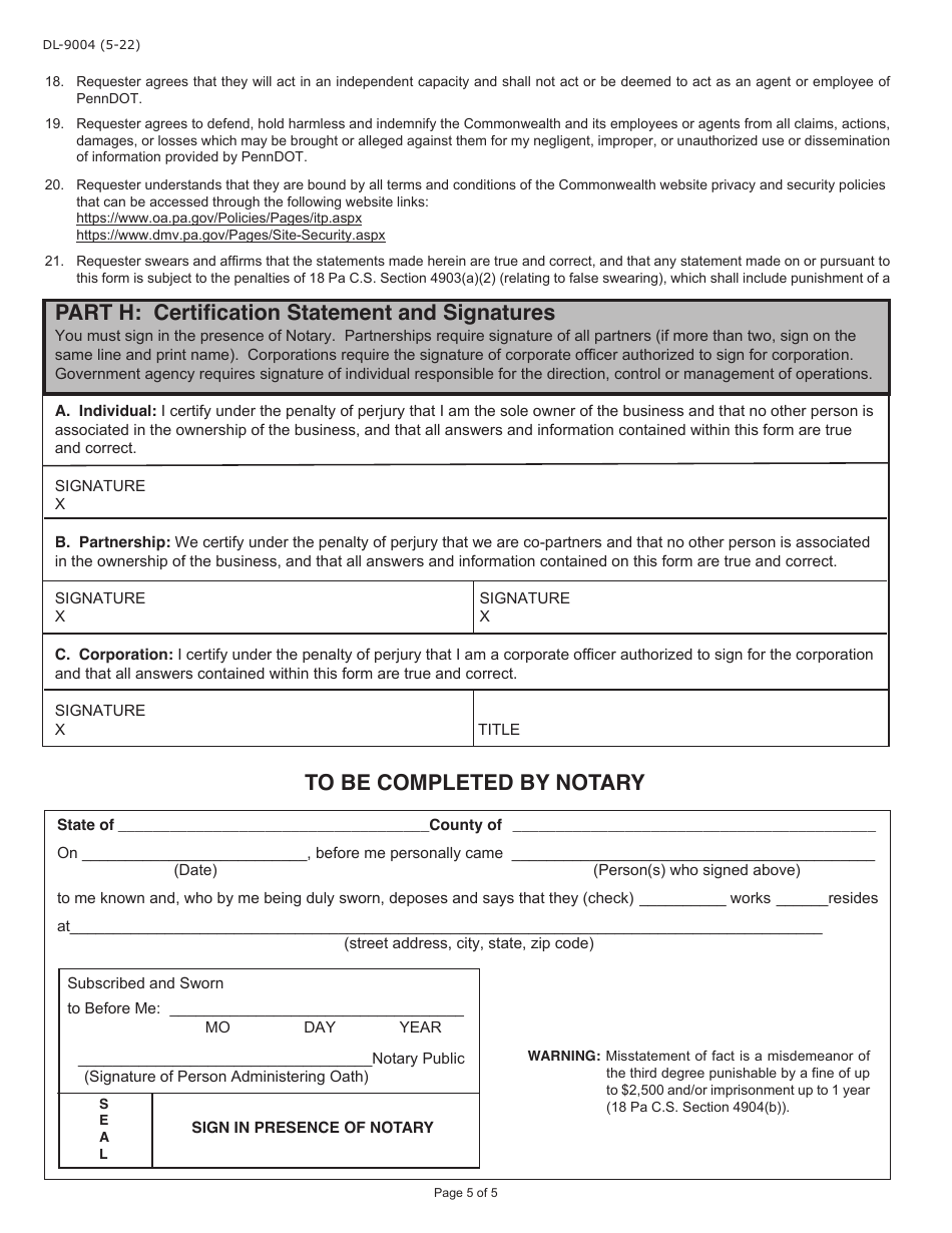 Form DL-9004 Internet User Application / Licensing Agreement for Employers of Commercial Drivers - Pennsylvania, Page 5