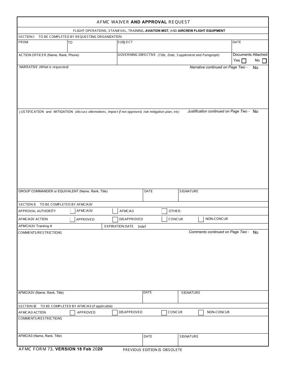 AFMC Form 73 Afmc Waiver and Approval Request, Page 1