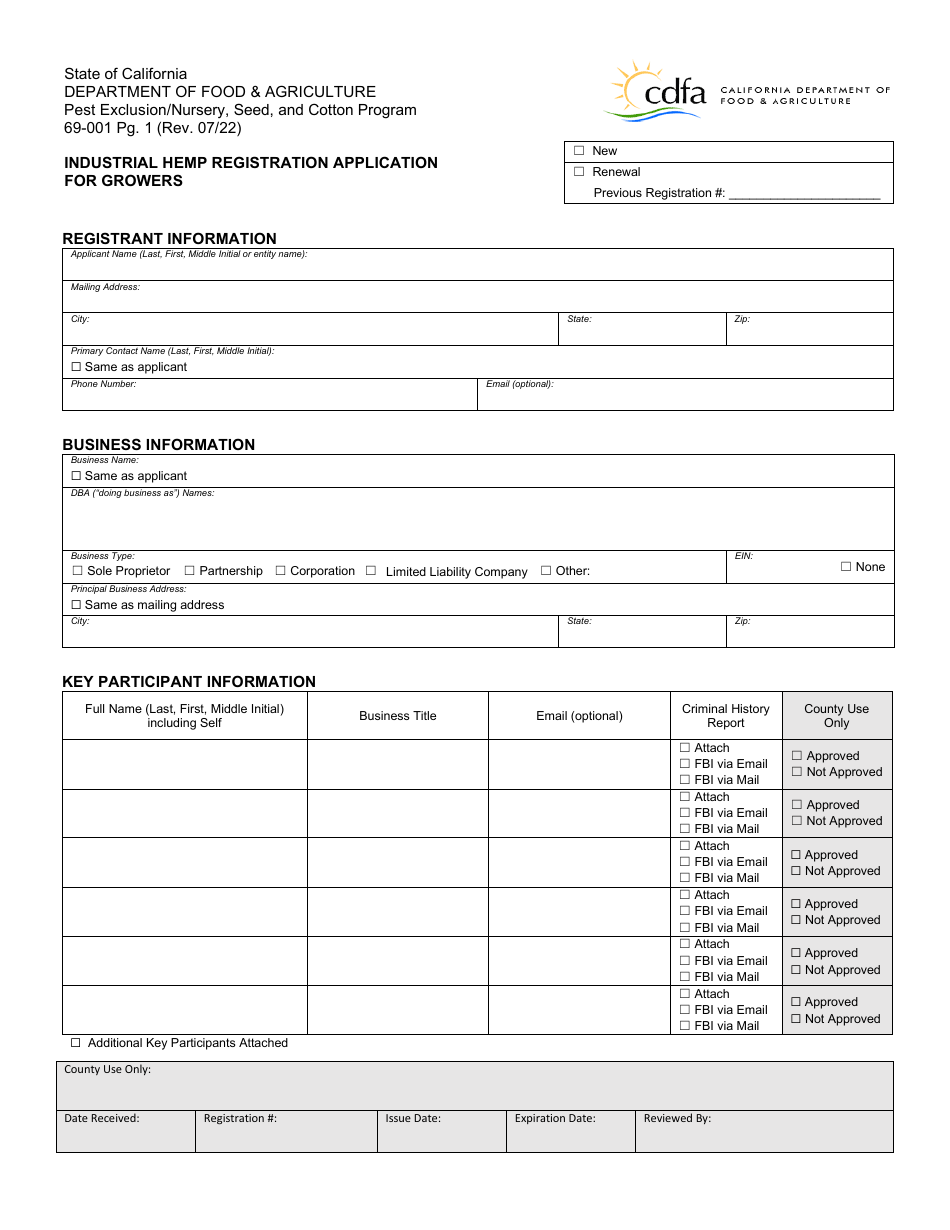 Form 69-001 Industrial Hemp Registration Application for Growers - California, Page 1