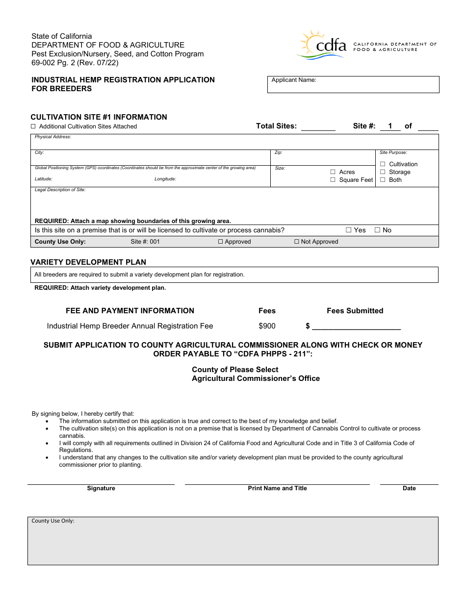 Form 69-002 Industrial Hemp Registration Application for Breeders - California, Page 2