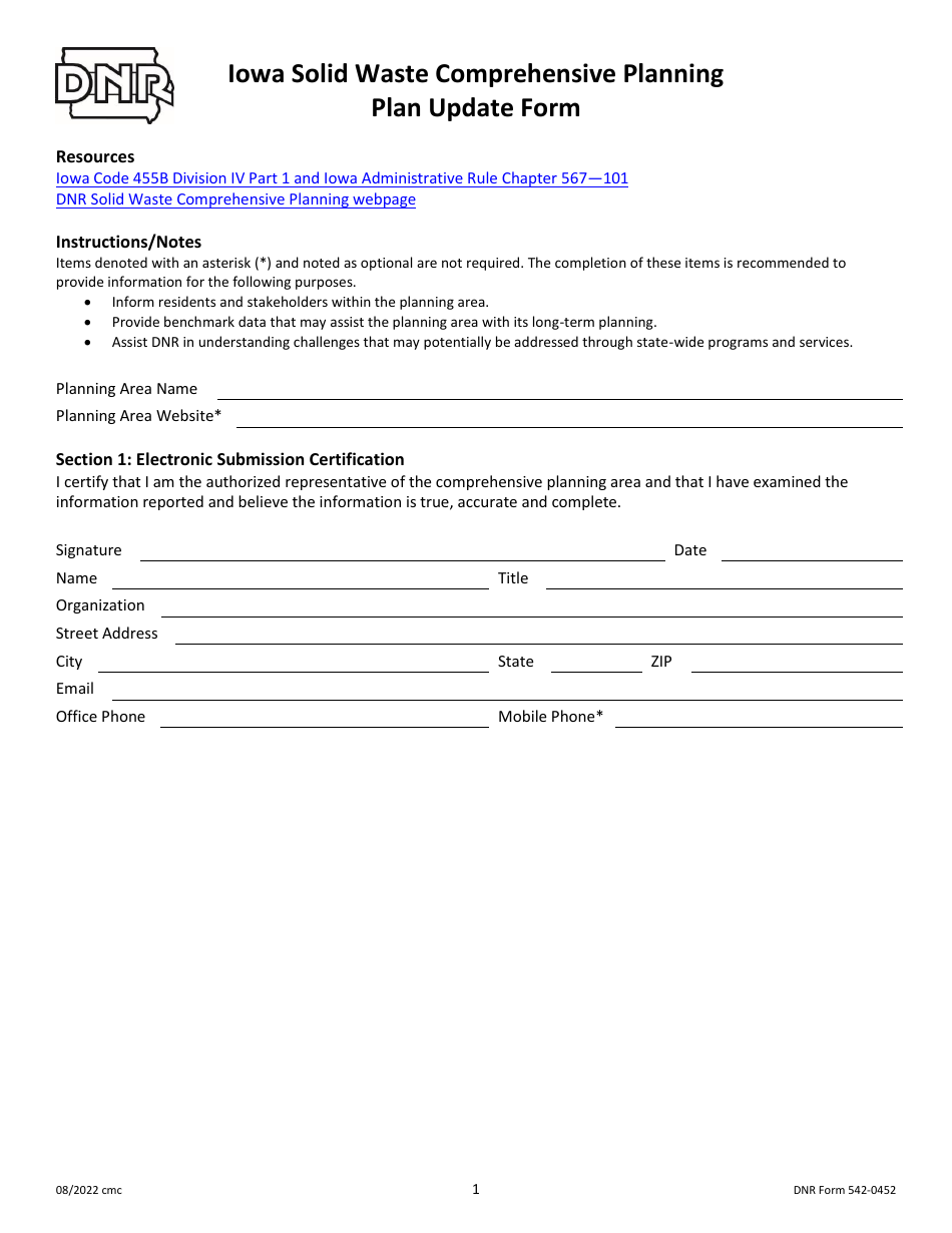 DNR Form 542-0452 Iowa Solid Waste Comprehensive Planning Plan Update Form - Iowa, Page 1