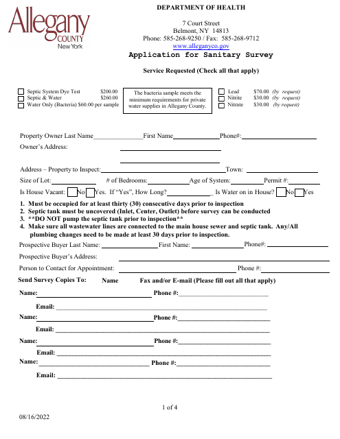 Application for Sanitary Survey - Allegany County, New York Download Pdf