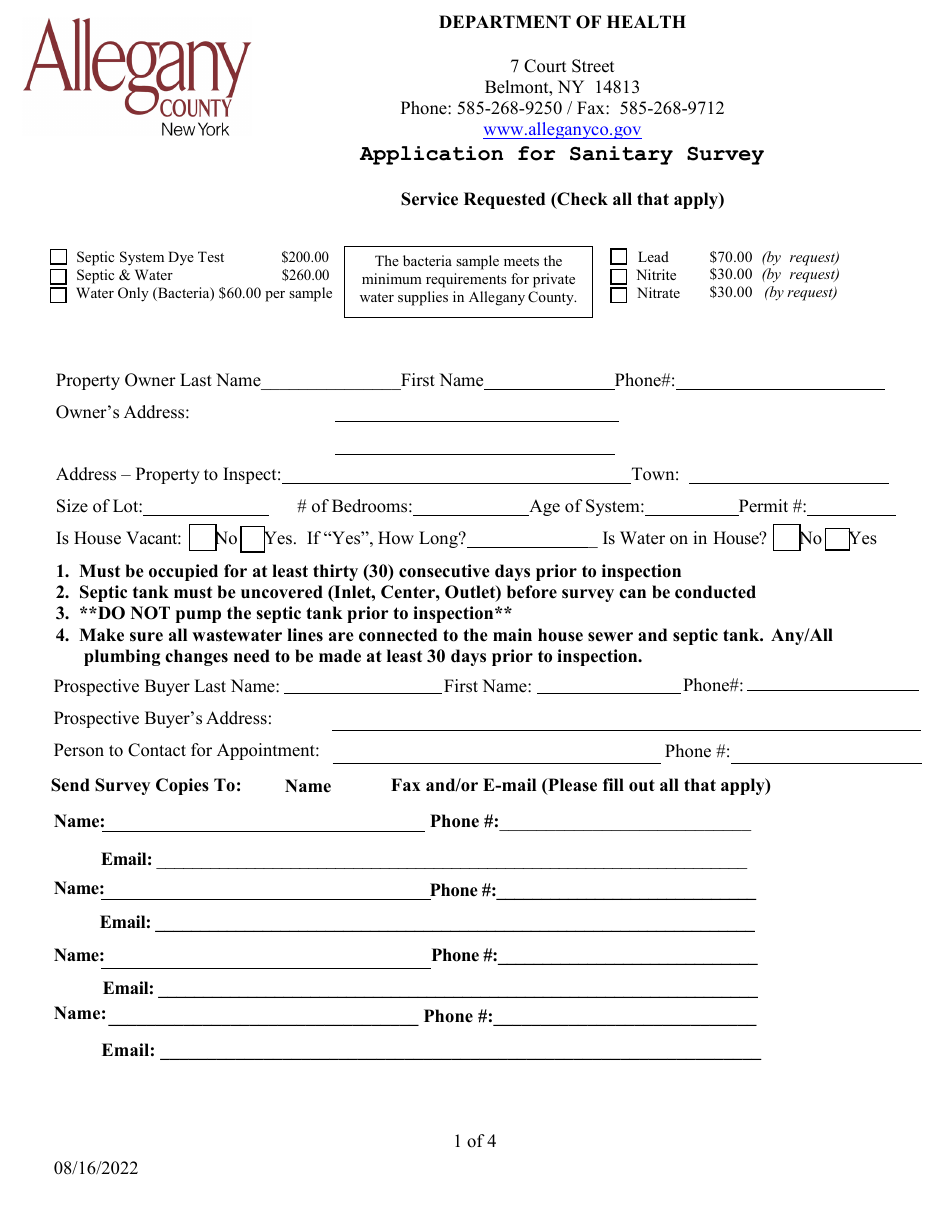 Application for Sanitary Survey - Allegany County, New York, Page 1