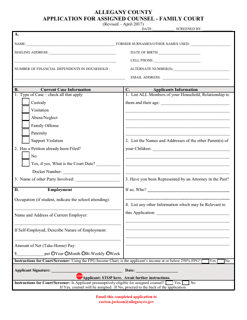 Application for Assigned Counsel - Family Court - Allegany County, New York Download Pdf
