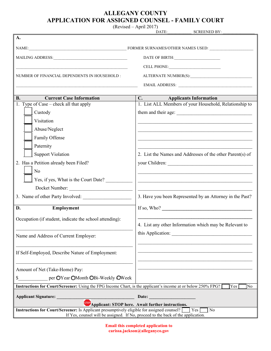 Application for Assigned Counsel - Family Court - Allegany County, New York, Page 1