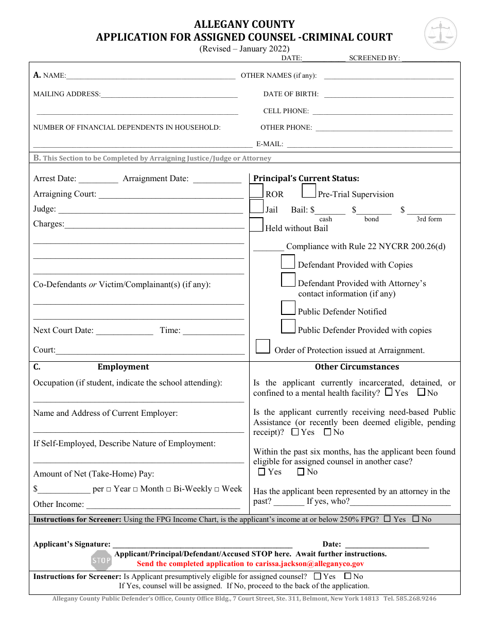 Application for Assigned Counsel -criminal Court - Allegany County, New York, Page 1