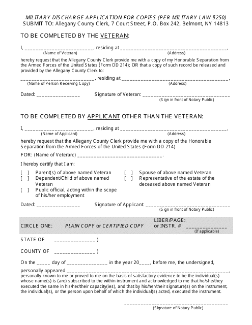 Military Discharge Application for Copies - Allegany County, New York Download Pdf