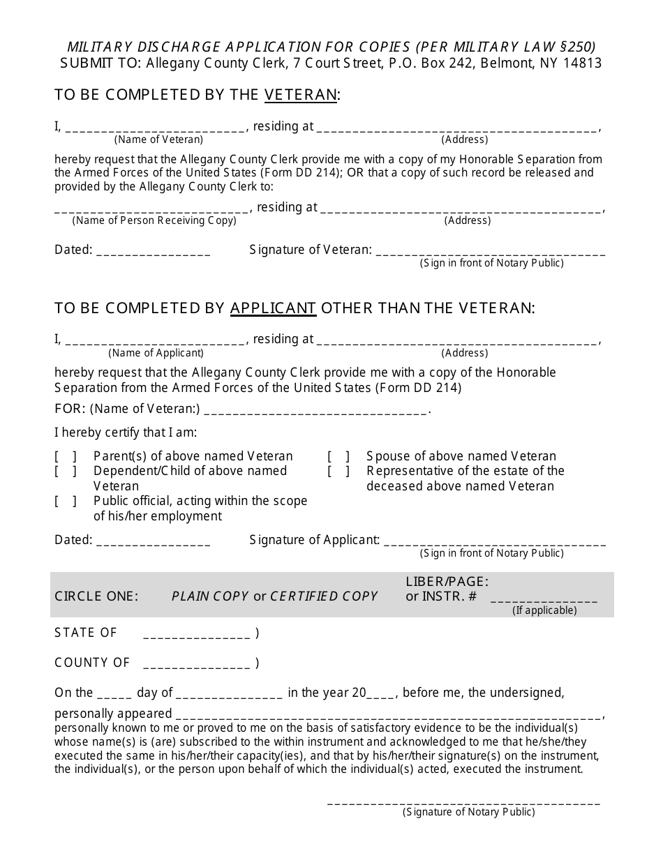 Military Discharge Application for Copies - Allegany County, New York, Page 1