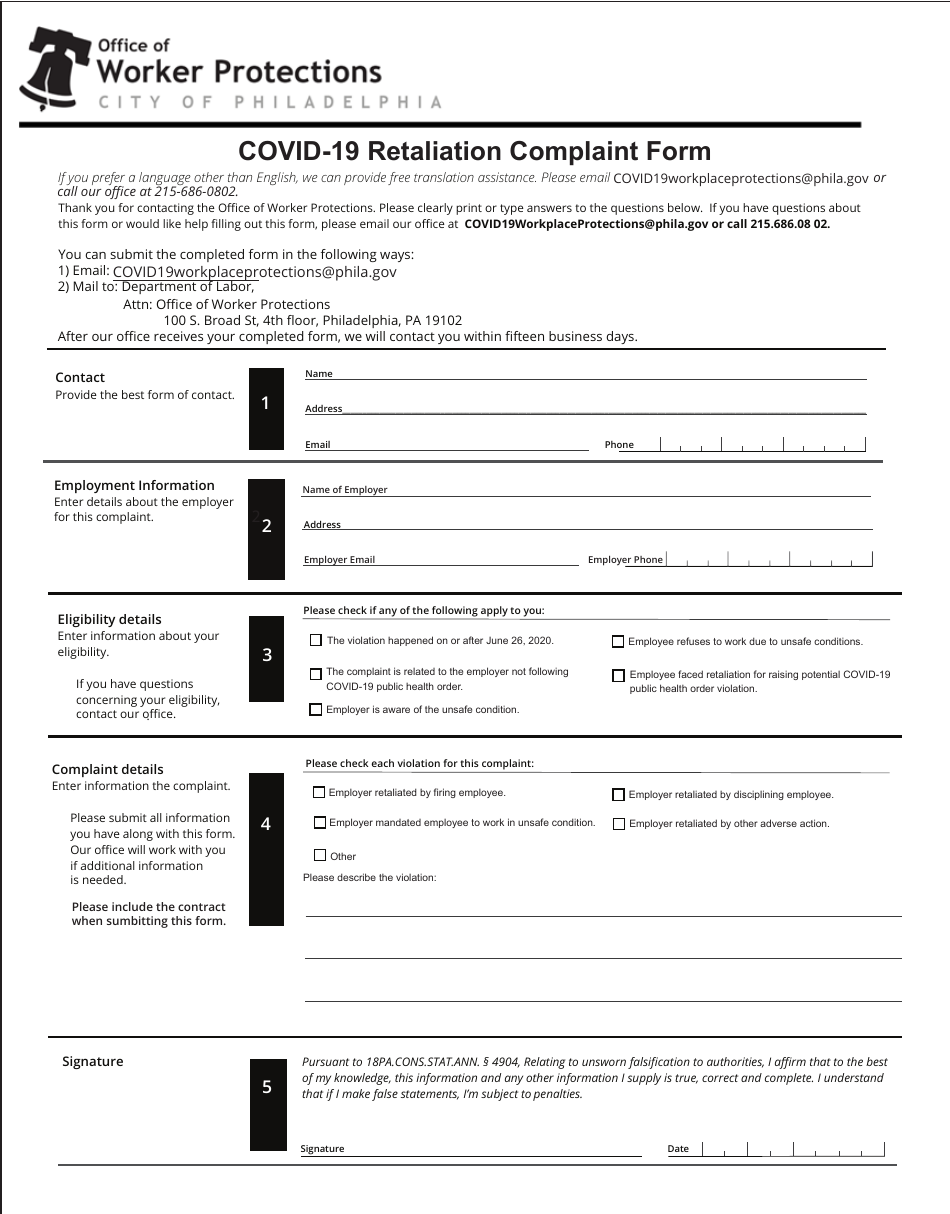Covid-19 Retaliation Complaint Form - City of Philadelphia, Pennsylvania, Page 1
