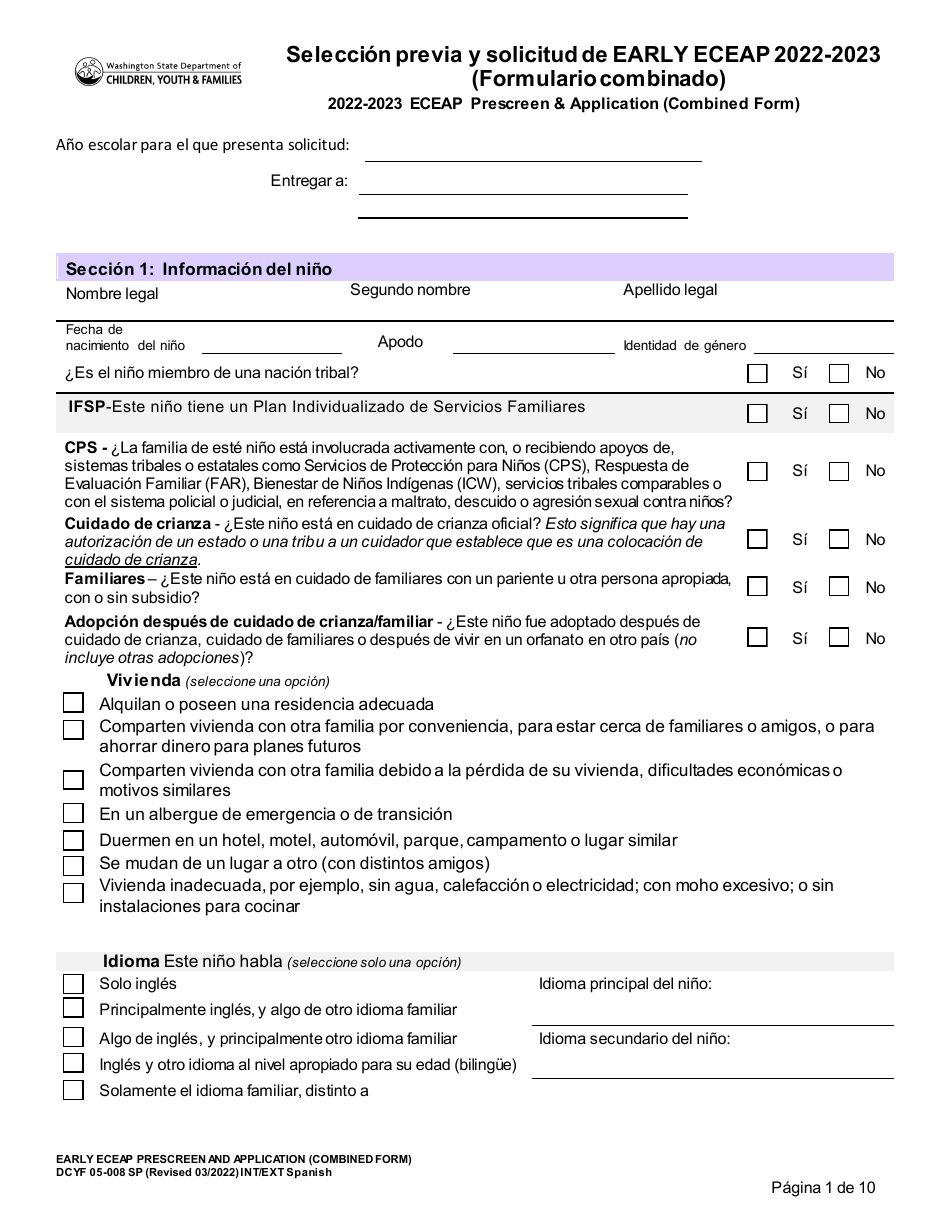 DCYF Formulario 05-008 Seleccion Previa Y Solicitud De Eceap (Formulario Combinado) - Washington (Spanish), Page 1