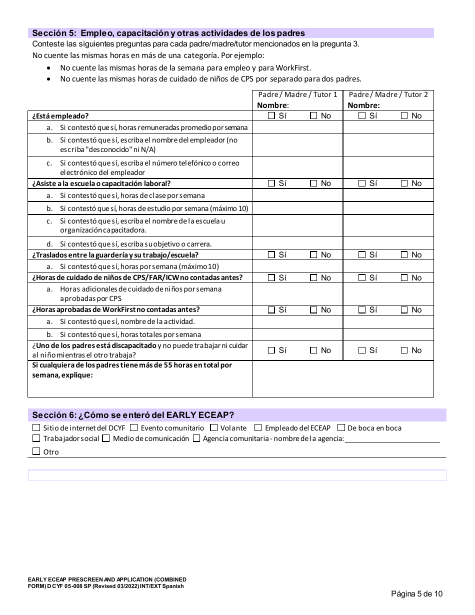 DCYF Formulario 05-008 Seleccion Previa Y Solicitud De Eceap (Formulario Combinado) - Washington (Spanish), Page 5