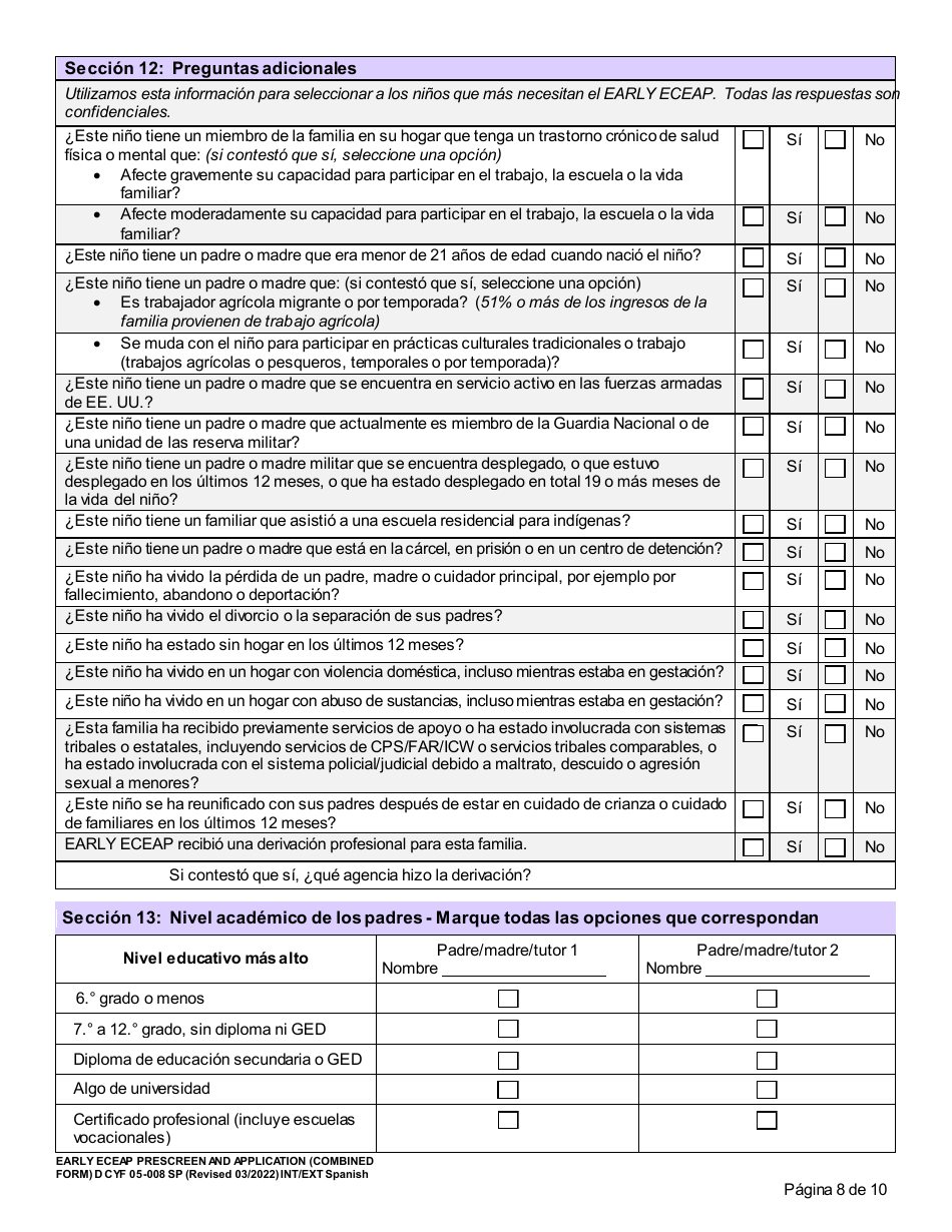 DCYF Formulario 05-008 Seleccion Previa Y Solicitud De Eceap (Formulario Combinado) - Washington (Spanish), Page 8