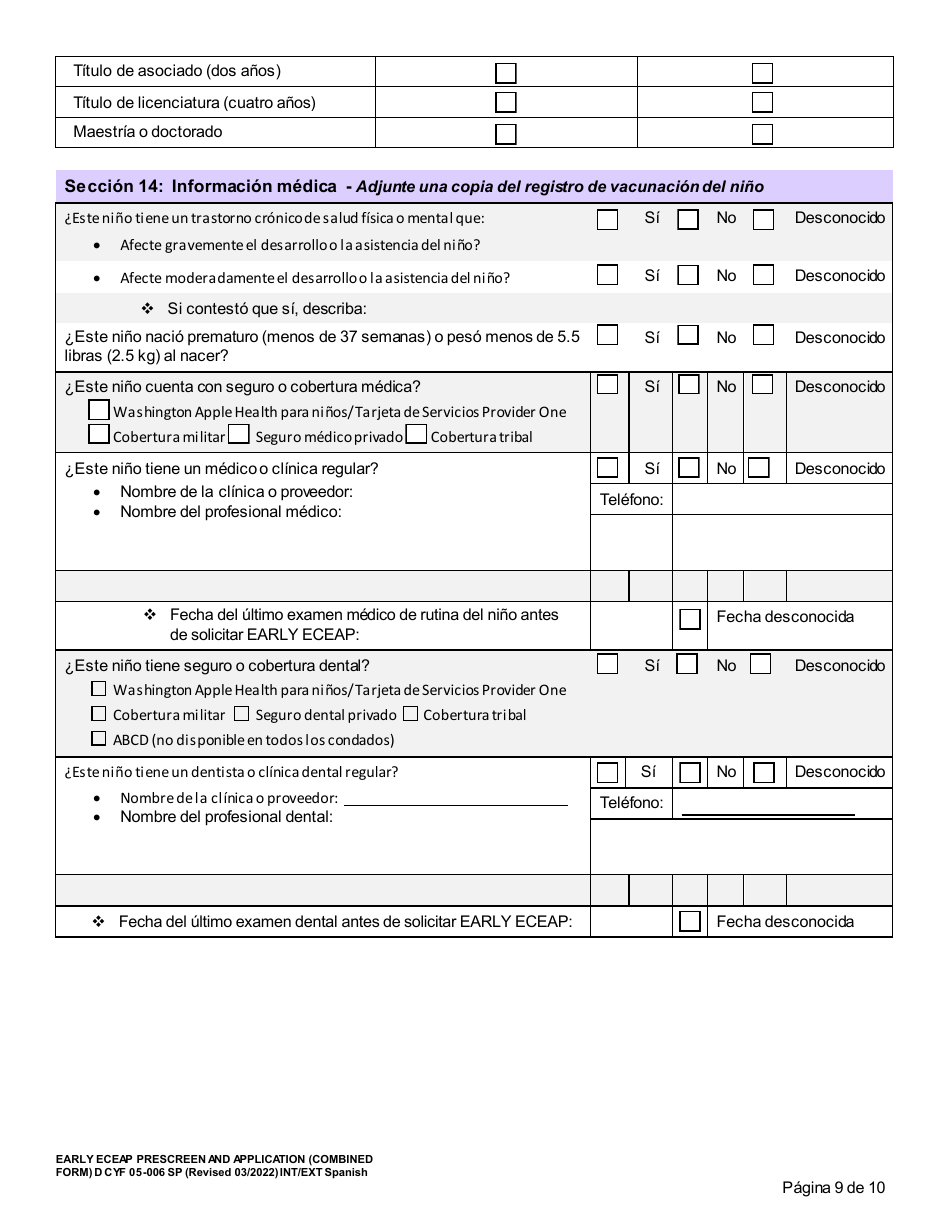 DCYF Formulario 05-008 Seleccion Previa Y Solicitud De Eceap (Formulario Combinado) - Washington (Spanish), Page 9